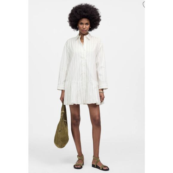 Madewell Bubble-Hem Mini Shirt Dress WMNS M White Long Sleeve NU761 Button Front - Picture 6 of 13